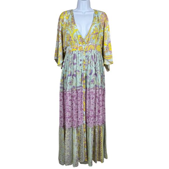 Hemant & Nandita Maxi Dress Women’s Size Medium Green Floral V-Neck Boho Style - Picture 4 of 15